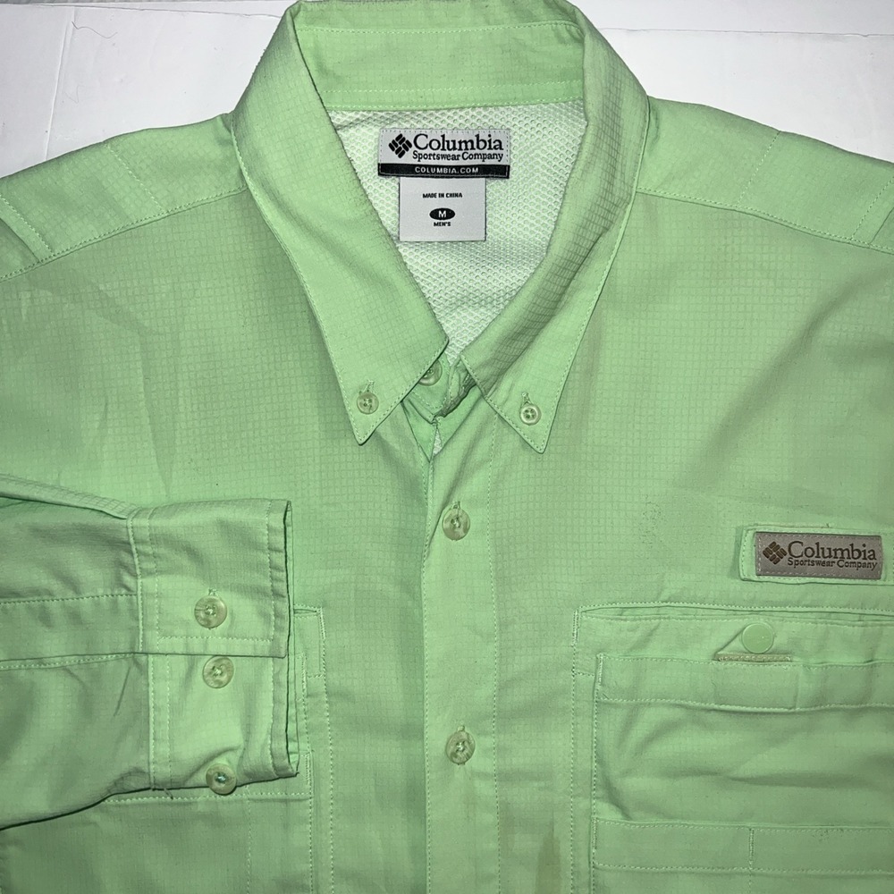 Columbia PFG Shirt Mens Medium Green Solid Long Sleeve Fishing Vented UFP 30+